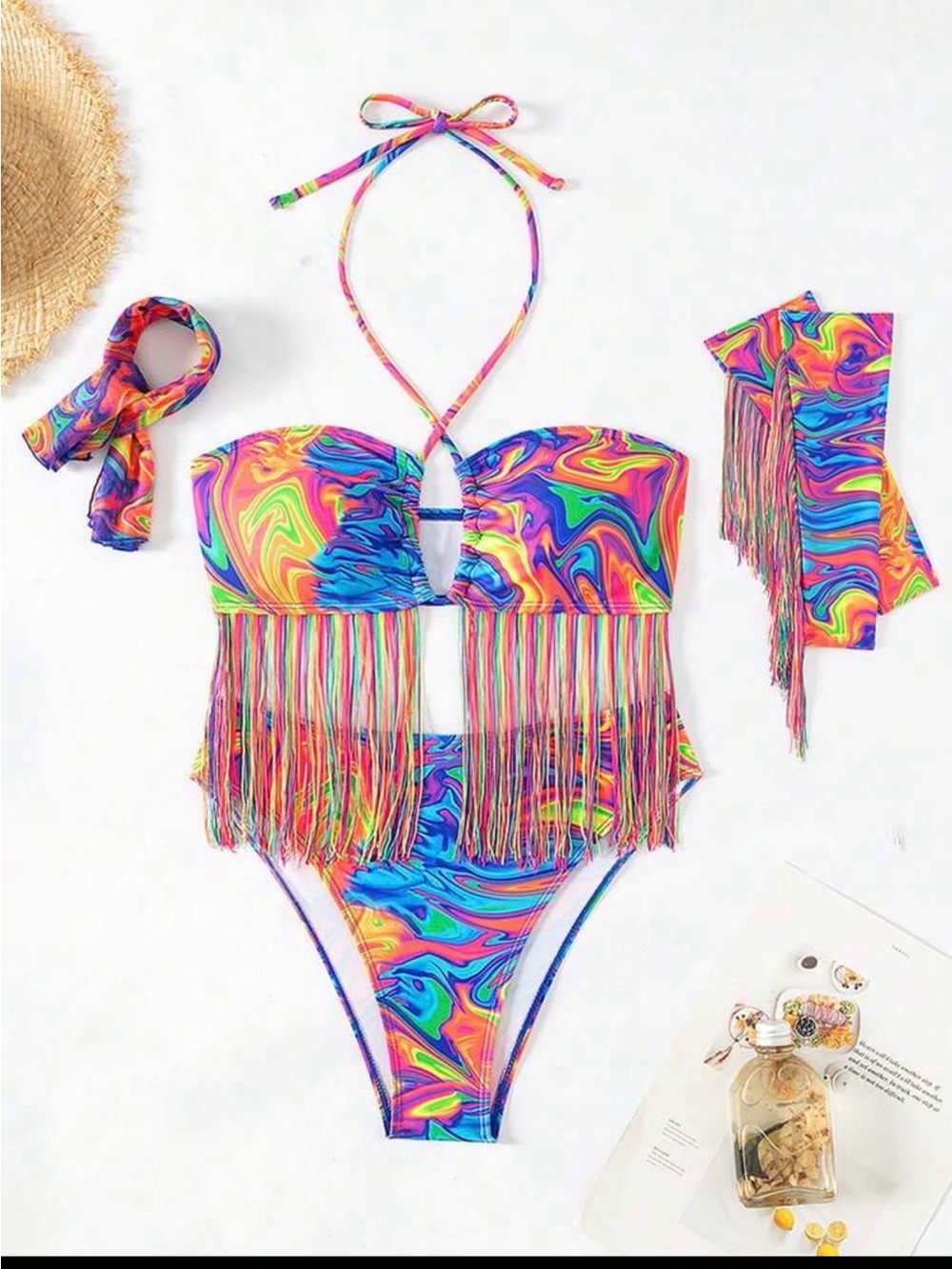 Neon Festival Rave Aesthetic Psychedelic Fringe Bikini Set Multi Piece Medium